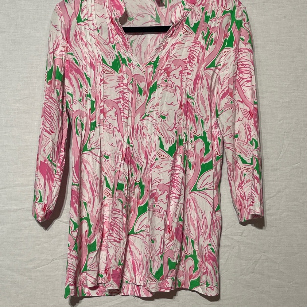 Lilly Pulitzer Pink Pleated Blouse with Mandarin Collar